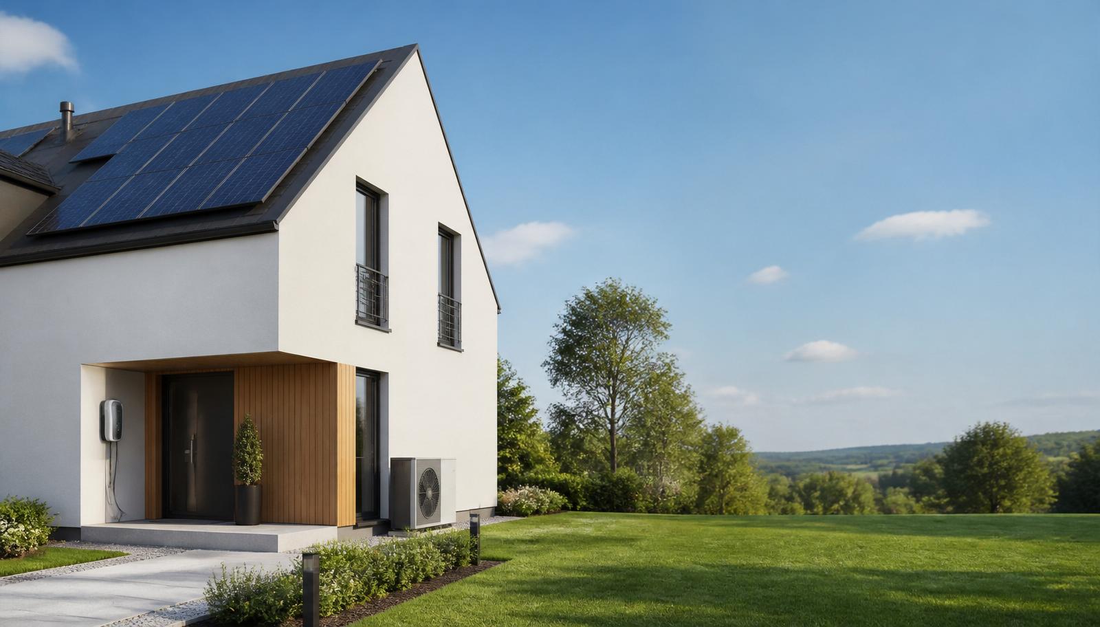 Modernes Haus mit Photovoltaik, Wärmepumpe und Ladelösung