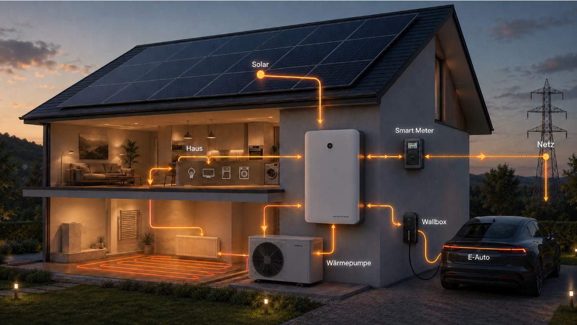 Intelligentes Energiesystem – Haus mit Photovoltaik, Speicher, Wärmepumpe, Wallbox und Netzanbindung