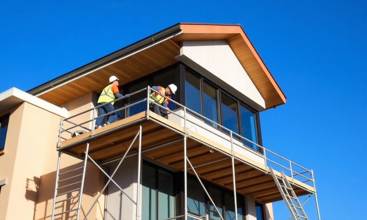 Handwerker bei der energetischen Sanierung eines modernen Hauses