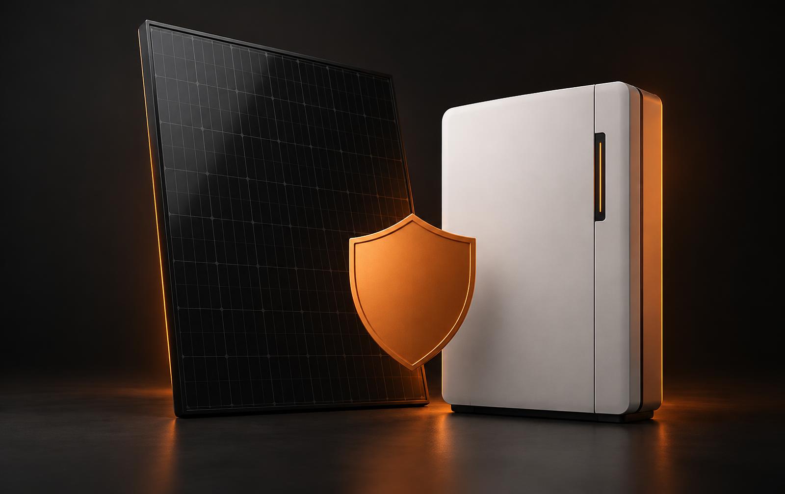 Full-Black-Solarmodul und Batteriespeicher mit Schutzschild