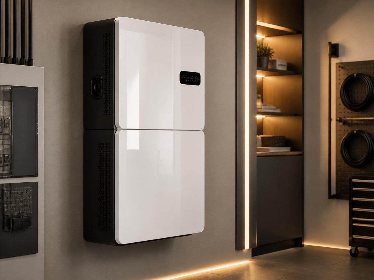 Moderner Batteriespeicher mit integriertem Wechselrichter an der Wand