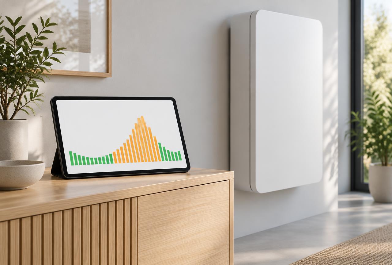 Tablet mit Strompreisen für morgen neben einem Hausspeicher