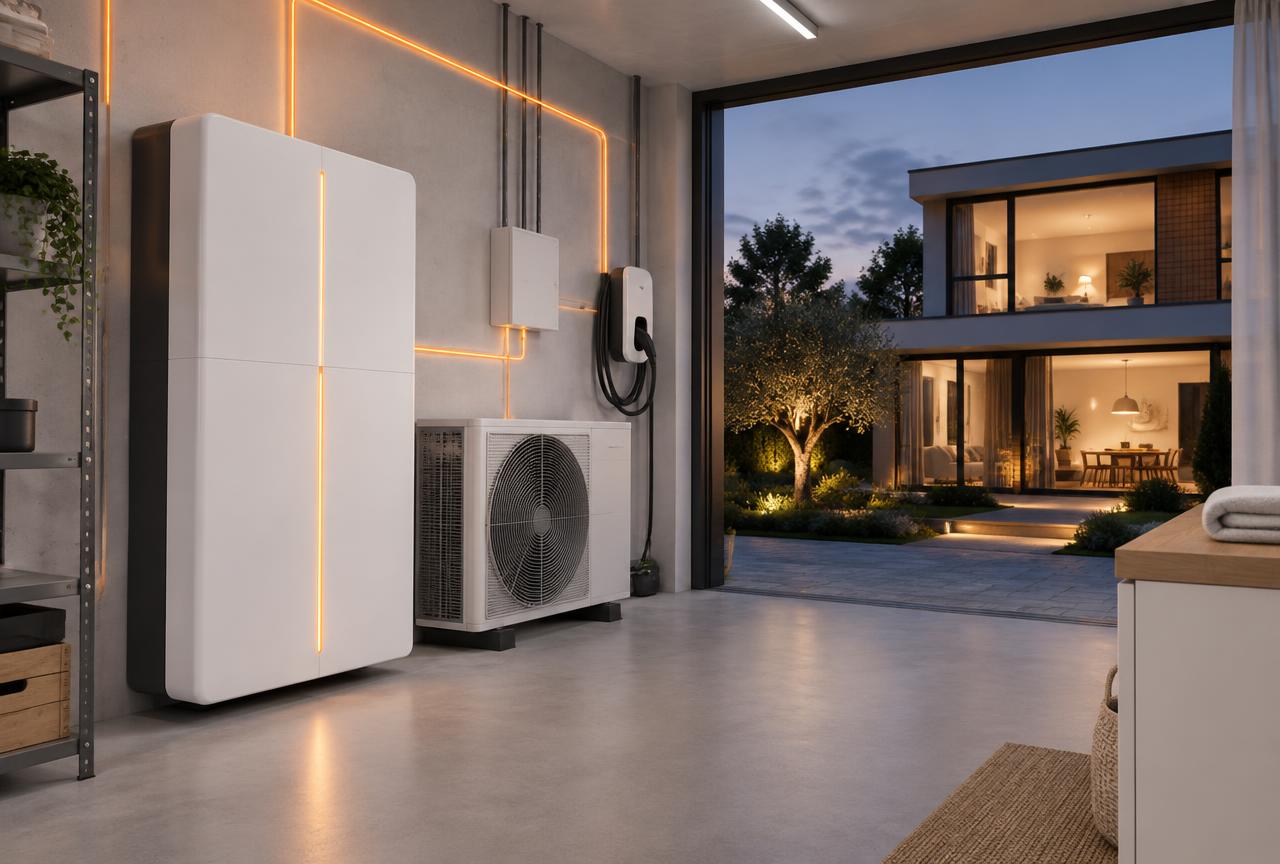Hausspeicher, Wärmepumpe und Wallbox versorgen am Abend das Haus