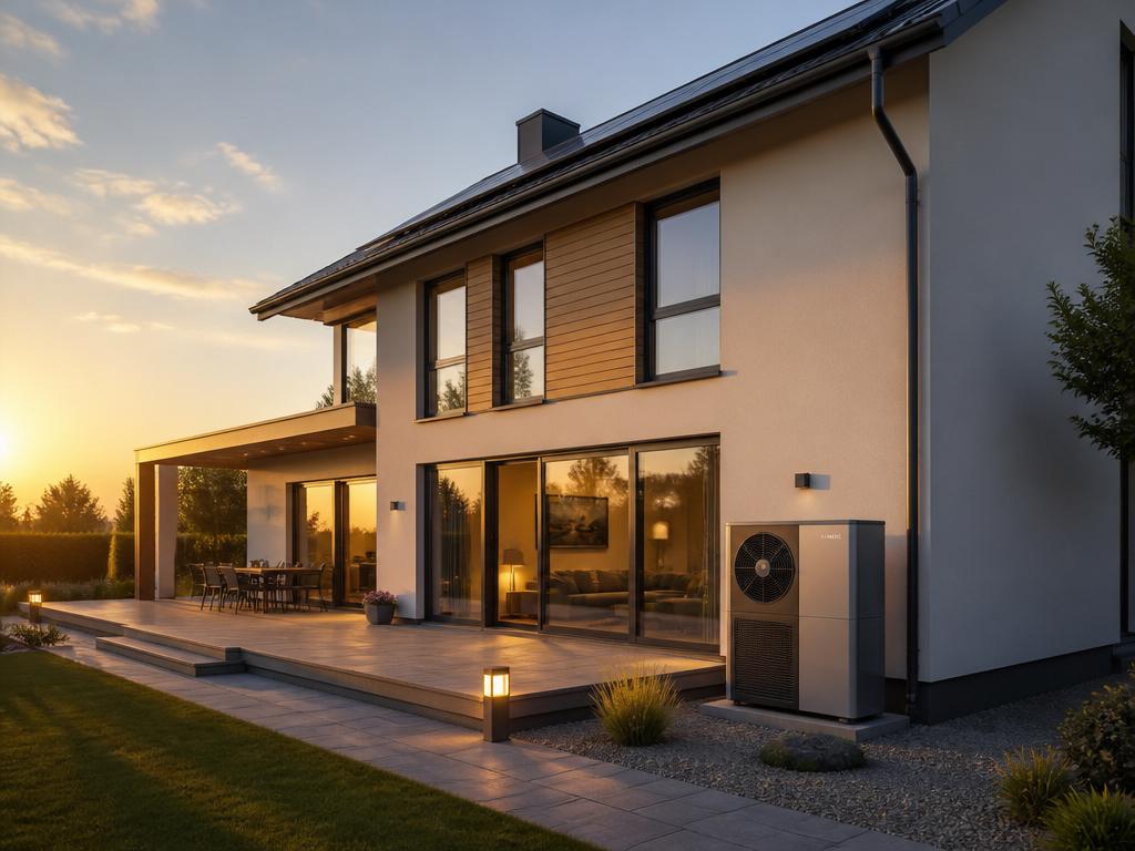 Energieeffizientes Wohnhaus mit Wärmepumpe an der Fassade