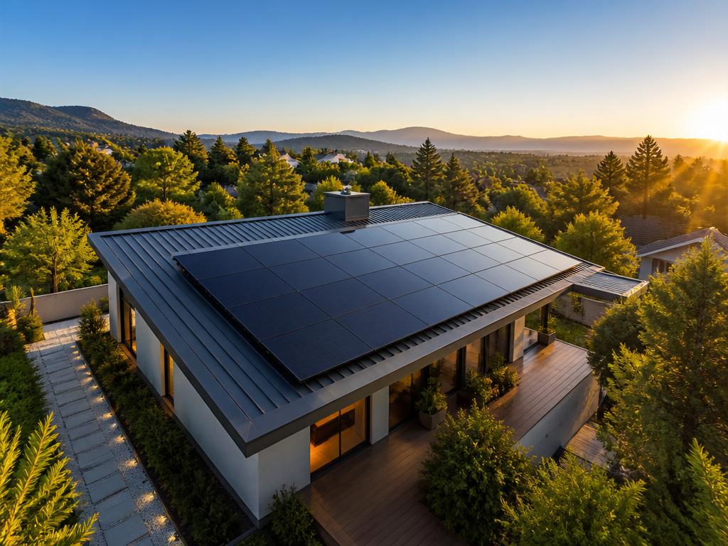Modernes Haus mit Photovoltaik-Modulen auf dem Dach aus der Vogelperspektive