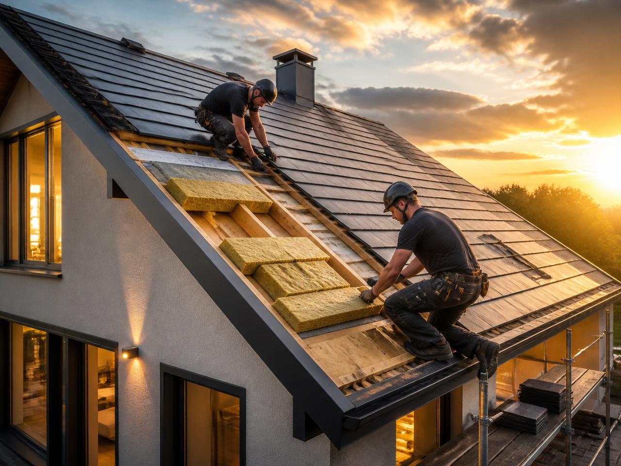 Handwerker bei der Dämmung und Erneuerung eines modernen Daches
