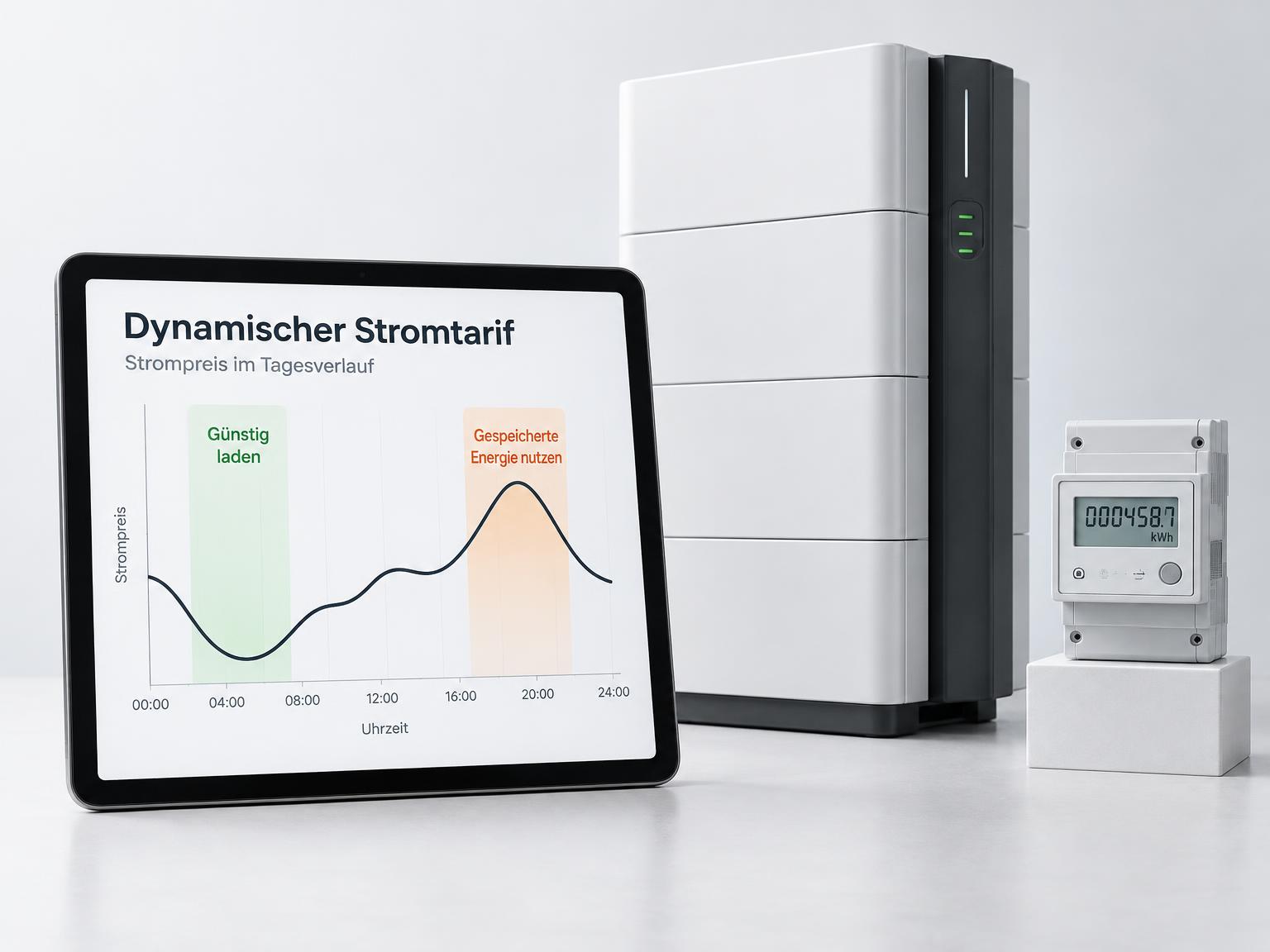 Dynamischer Stromtarif: Tagespreiskurve auf einem Tablet neben Batteriespeicher und Stromzähler