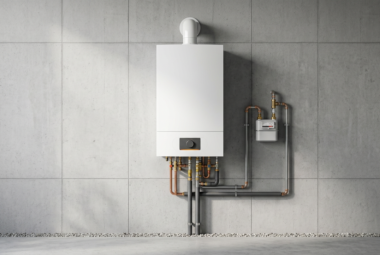 Gastherme mit Gaszähler und geordneten Leitungen vor einer klaren Betonwand