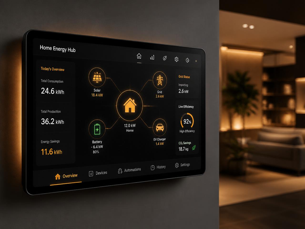 Modernes KI-Energiemanagement mit digitalem Dashboard der Energieflüsse