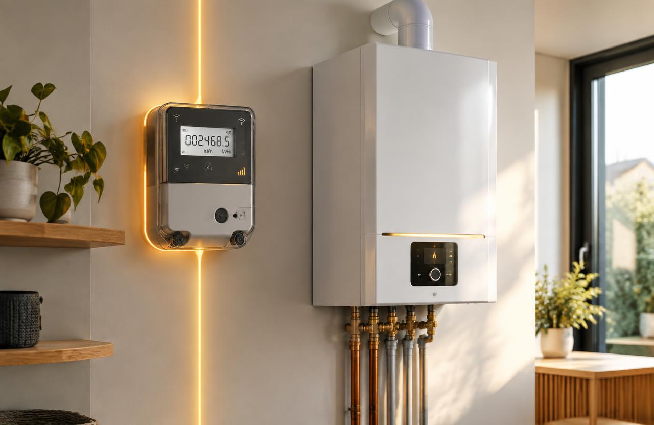 Smart Meter und Gasheizung im modernen Hausanschlussraum