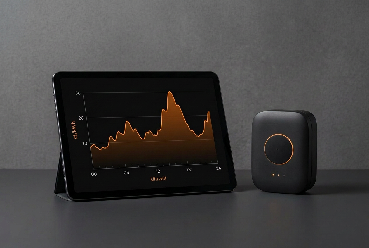 Illustrative Strompreiskurve auf einem Tablet neben einem Energiemanager vor einer Betonwand