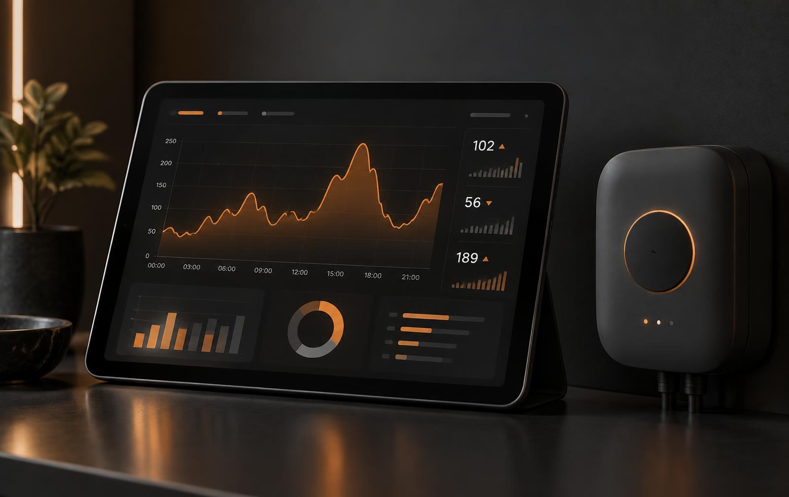 Tablet mit Börsenstrompreis-Kurve und Kennzahlen neben einem Energiemanager