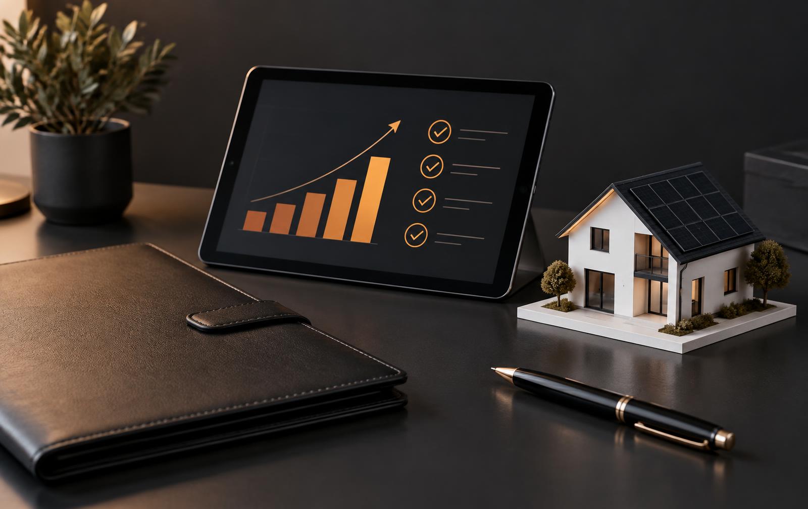 Tablet mit Förder-Checkliste, Hausmodell mit Solardach und Dokumentenmappe