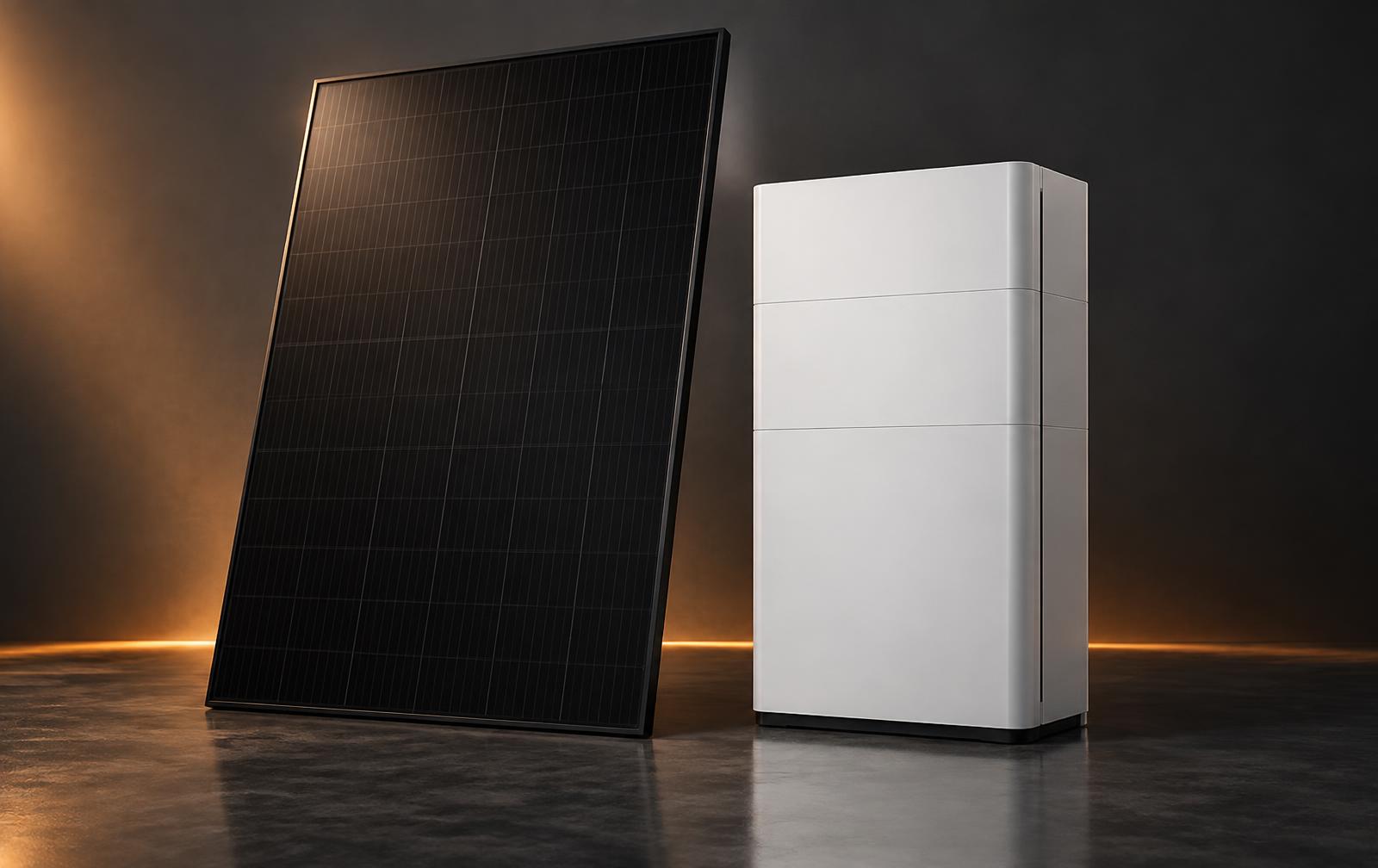 Schwarzes Full-Black-Solarmodul neben einem weißen Batteriespeicher im Studio