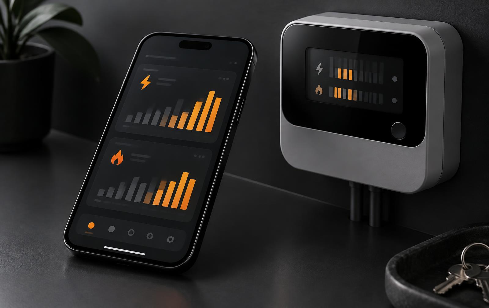 Smartphone mit Strom- und Gastarifvergleich neben einem digitalen Zähler