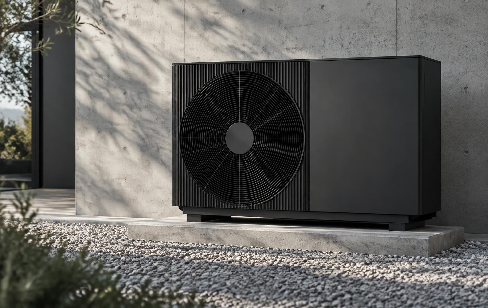 Schwarze Design-Wärmepumpe vor einer Sichtbetonwand