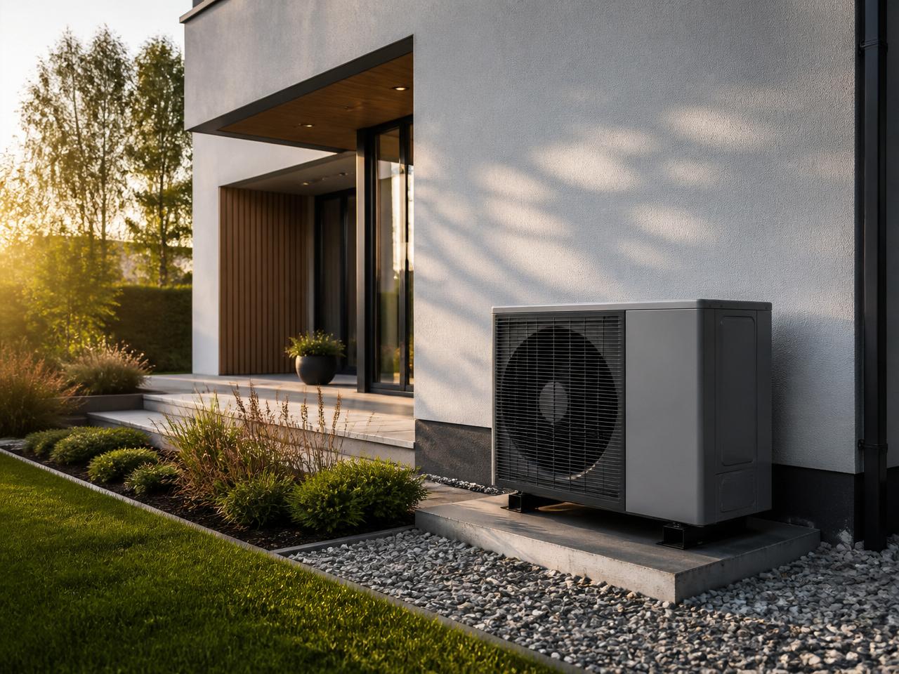 Moderne Luft-Wärmepumpe neben einem zeitgemäßen Wohnhaus