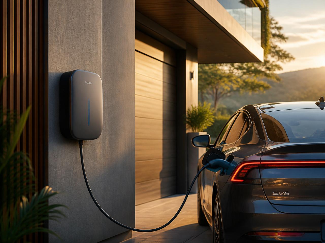 Elektroauto lädt an einer modernen Wallbox an einem zeitgemäßen Haus